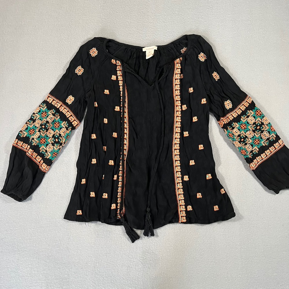 Sundance Women Black Embroidered Tassel Peasant Blouse Top XS Boho‎ tunic